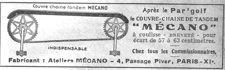 Mécano 1938 Advertisement — The Sliding Chainguard for Tandems — page 1 of 1