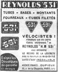 Reynolds advertisement from L'Officiel, 16 January 1938, page 24: four Reynolds 531 guarantee transfers are pictured in black with white lettering: two rectangular frame transfers stacked at the left, one set straight and one set at a slant, and two inverted triangular fork transfers side by side at the top right.