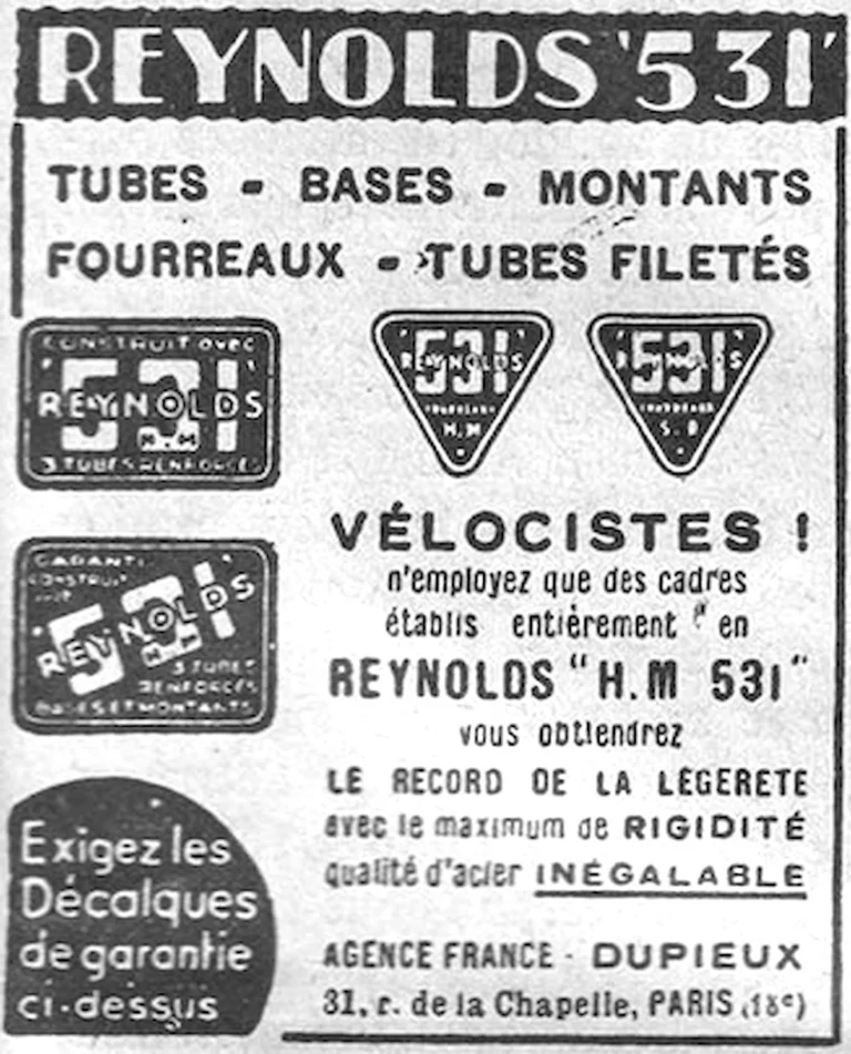 Reynolds 1938 Advertisement — Reynolds 531 Tubes, the Record for Lightness, from Dupieux — page 1 of 1