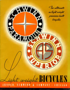 The front cover, printed in gold, orange, red and black, with the Schwinn Paramount roundel overlapping the Schwinn Superior roundel above the script title "Light weight" and the word "BICYCLES", and an orange band naming Arnold, Schwinn & Company of Chicago.