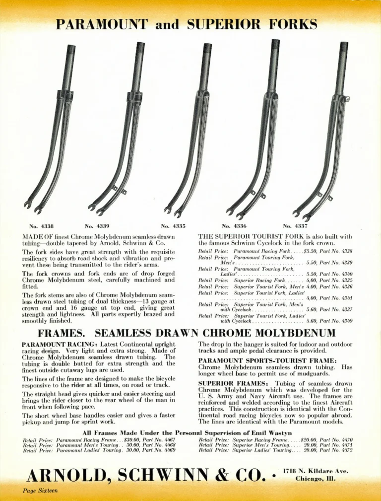 Schwinn 1938 Paramount and Superior Catalog — Racing and Sports Touring Bicycles and the Lightweight Parts — page 16 of 20