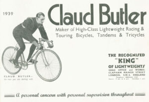 Front cover of the 1939 Claud Butler catalog, landscape: a photograph of Claud Butler riding a lightweight at left, the year 1939, his name and the words The Recognised King of Lightweights at right, and the address of the works in Clapham.