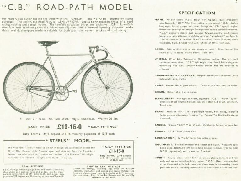 Claud Butler 1939 Catalog — Lightweight Bicycles, Tandems and Tricycles, with the 1938 Wembley Six-Day Winners — page 18 of 32