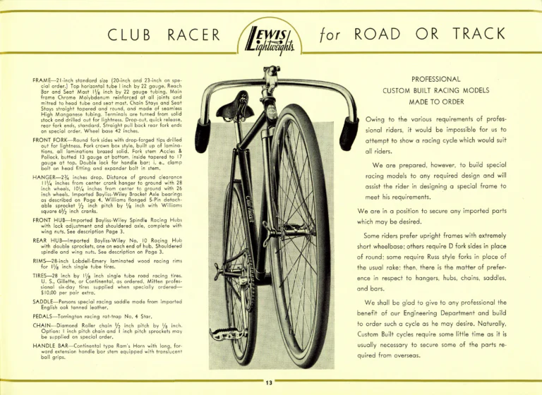 Lewis 1939 Catalog — Lewis Lightweights, Cycles of Distinction: Sportsman, Super Club and Club Racer Models — page 13 of 17