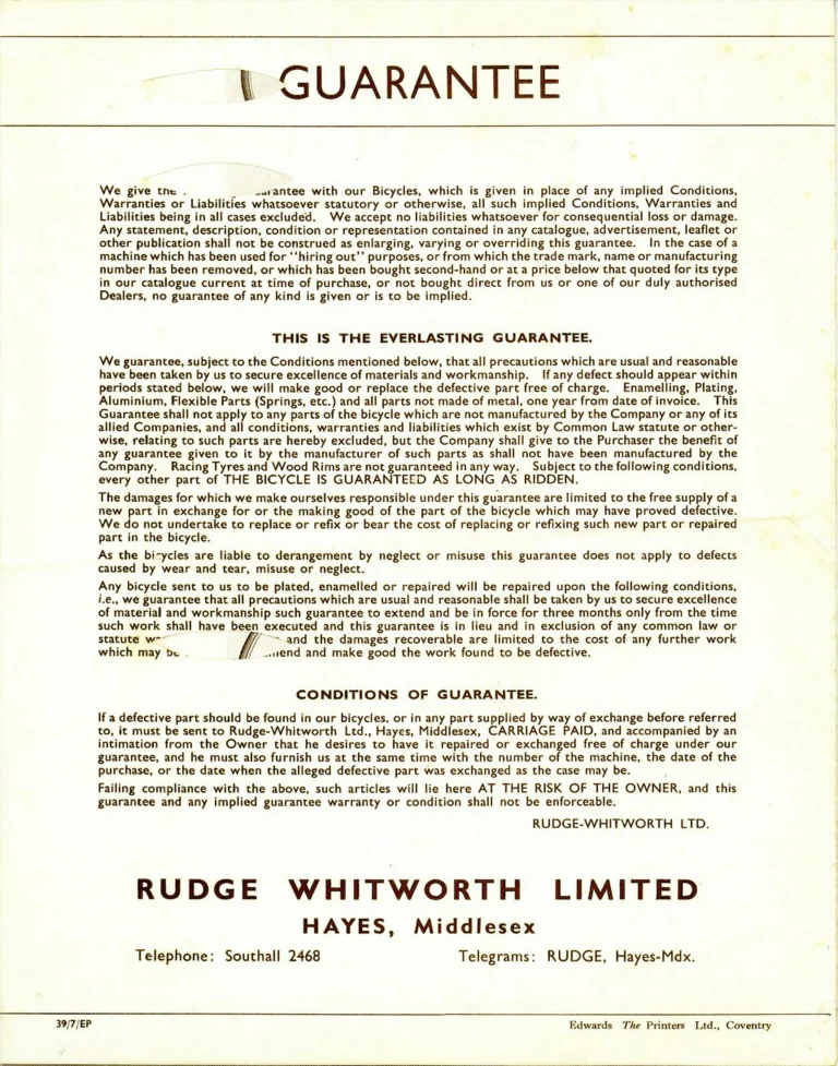 Rudge 1939 Super-Sports Catalog — Aero Special Club, Olympic Road, Aerotour and Aeropath — page 7 of 7