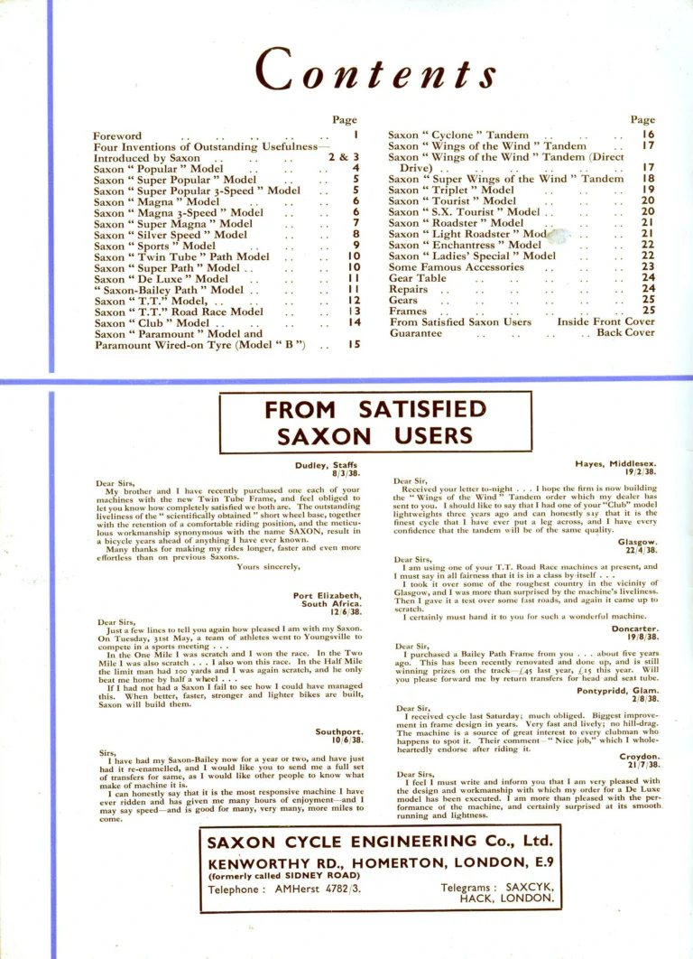 Saxon 1939 Catalog — Lightweight Cycles, Built to an Ideal: Path, Road and Touring Models, Tandems and the Triplet — page 2 of 28