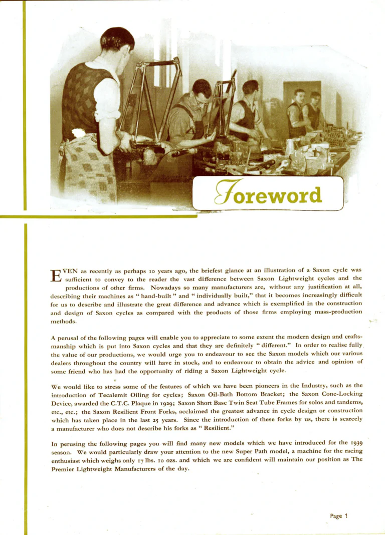Saxon 1939 Catalog — Lightweight Cycles, Built to an Ideal: Path, Road and Touring Models, Tandems and the Triplet — page 3 of 28