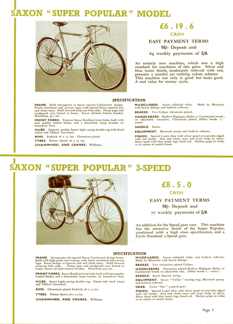Saxon 1939 Catalog — Lightweight Cycles, Built to an Ideal: Path, Road and Touring Models, Tandems and the Triplet — page 7 of 28