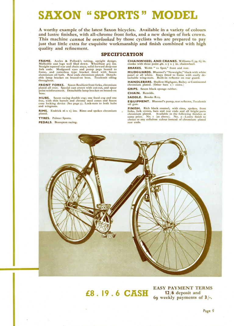 Saxon 1939 Catalog — Lightweight Cycles, Built to an Ideal: Path, Road and Touring Models, Tandems and the Triplet — page 11 of 28