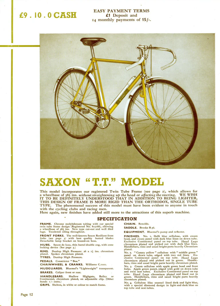 Saxon 1939 Catalog — Lightweight Cycles, Built to an Ideal: Path, Road and Touring Models, Tandems and the Triplet — page 14 of 28