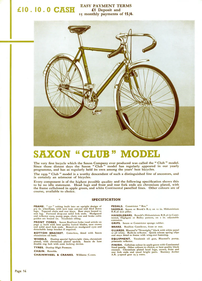 Saxon 1939 Catalog — Lightweight Cycles, Built to an Ideal: Path, Road and Touring Models, Tandems and the Triplet — page 16 of 28