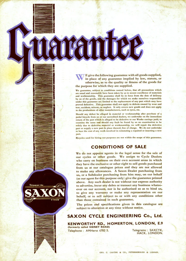 Saxon 1939 Catalog — Lightweight Cycles, Built to an Ideal: Path, Road and Touring Models, Tandems and the Triplet — page 28 of 28