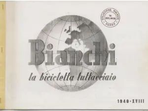 Front cover of the 1940 Bianchi catalog: a large shaded Bianchi wordmark across a gray globe, the slogan la bicicletta tuttacciaio below it and the year line 1940 XVIII at lower right, with a round collector's ink stamp at upper right.