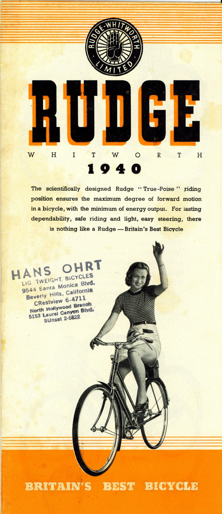 Rudge 1940 Catalog — Supersafe Traffic, Light Roadster, Sports, Light Tourist, Roadster and Carrier Models — page 1 of 16