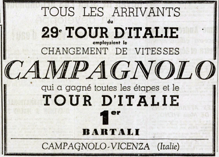 Campagnolo 1946 Advertisement — Every Finisher of the Giro d'Italia on the Campagnolo Gear — page 1 of 1