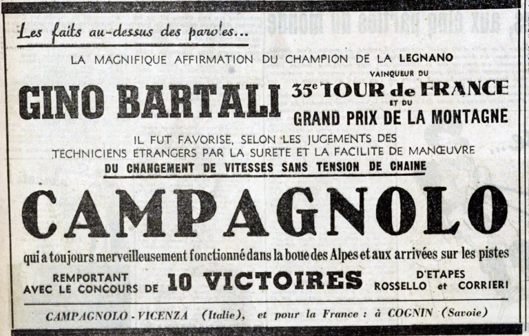 Campagnolo 1948 Advertisement — Gino Bartali's Tour de France and the Gear Without Chain Tension — page 1 of 1