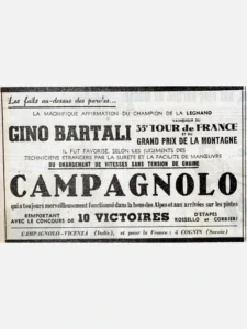 A ruled newspaper advertisement in type alone headed "Les faits au-dessus des paroles": Gino Bartali, winner of the 35th Tour de France, the changement de vitesses sans tension de chaîne, CAMPAGNOLO in large capitals, ten stage wins and the addresses at Vicenza and Cognin.
