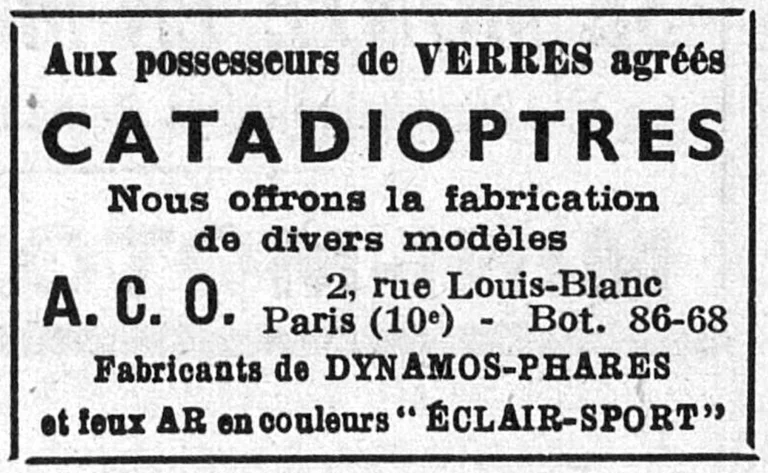 A.C.O. 1950 Advertisement — Glass Reflectors, Dynamo Headlamps and Éclair-Sport Rear Lights — page 1 of 1