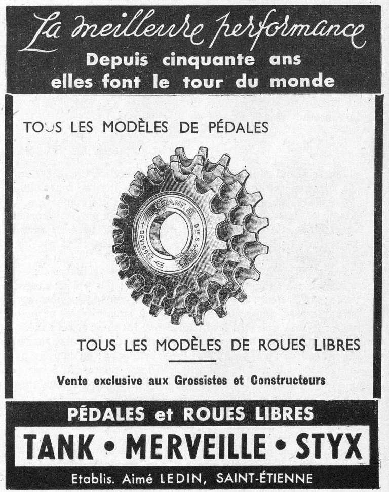 Aimé Ledin 1950 Advertisement — Tank, Merveille and Styx Pedals and Freewheels — page 1 of 1
