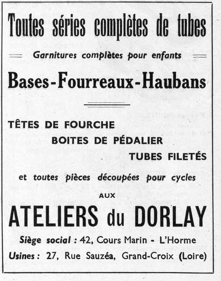 Ateliers du Dorlay 1950 Advertisement — Complete Tube Sets, Stays and Frame Parts — page 1 of 1