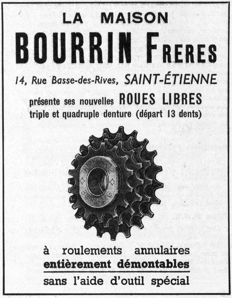 Bourrin Frères 1950 Advertisement — New Triple and Quadruple Freewheels — page 1 of 1