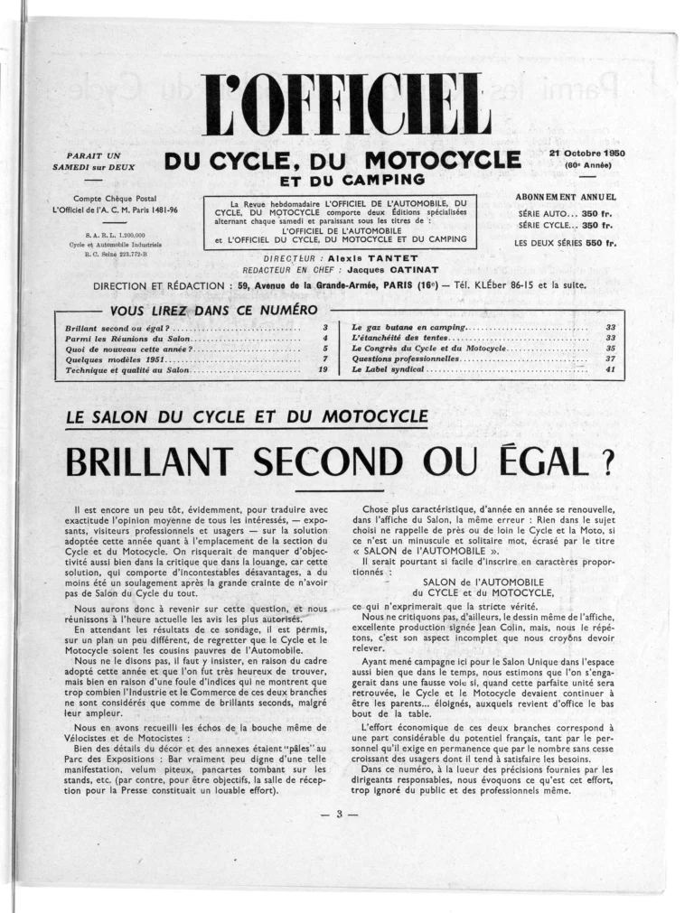 Brillant second ou égal ? — L'Officiel du cycle, 21 October 1950, the Place of the Cycle at the 1950 Salon — page 1 of 1