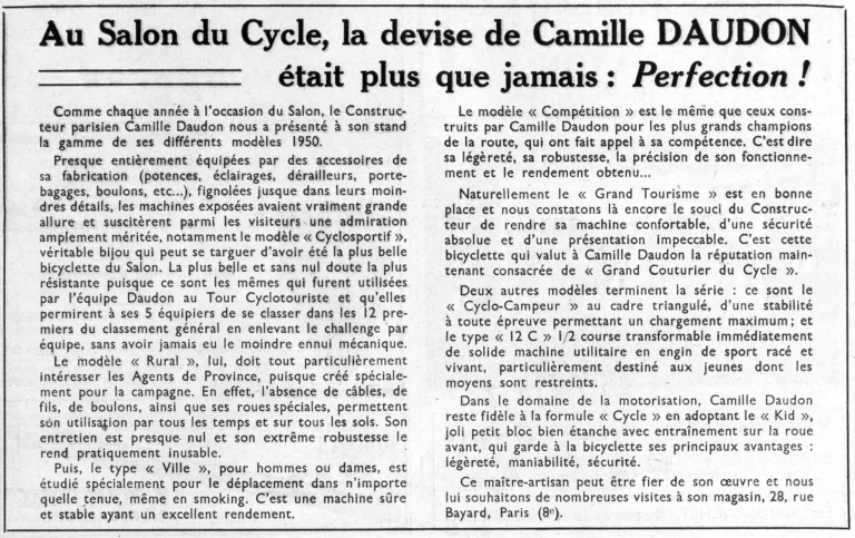 Au Salon du Cycle, la devise de Camille Daudon était plus que jamais : Perfection ! — L'Officiel du cycle, 21 October 1950 — page 1 of 1