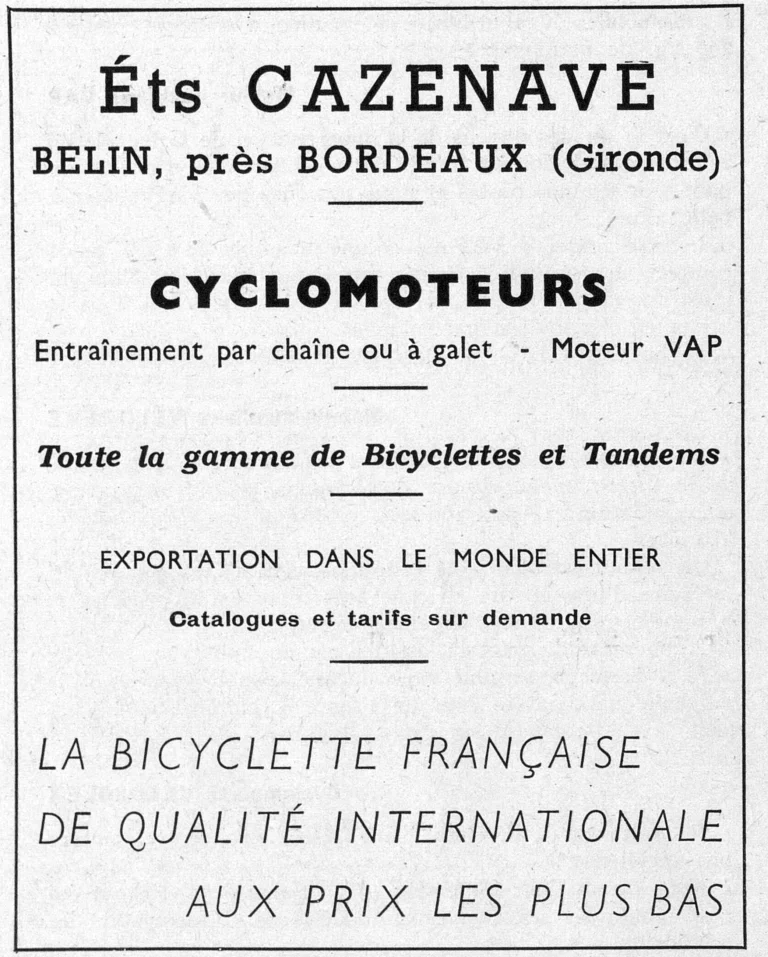 Cazenave 1950 Advertisement — Cyclomoteurs, Bicycles and Tandems from Belin — page 1 of 1