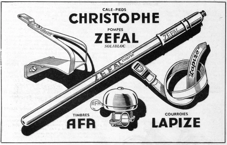 Christophe 1950 Advertisement — Christophe Toe Clips, Zéfal Pumps, AFA Bells and Lapize Straps — page 1 of 1