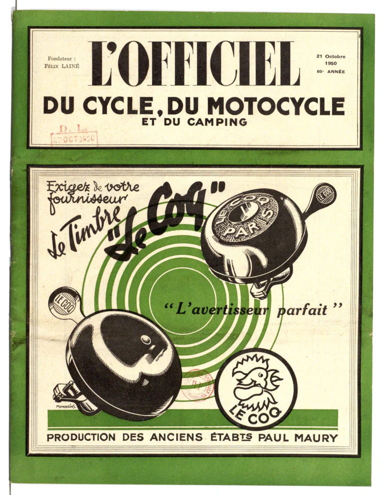 L'Officiel du cycle October 1950 Cover — The Le Coq Bell, the Perfect Warning — page 1 of 1