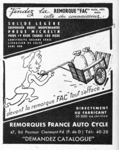 FAC advertisement from L'Officiel du cycle, 21 October 1950, page 12: a full-column advertisement on a solid black ground with a light diagonal band running across its middle from lower left to upper right.