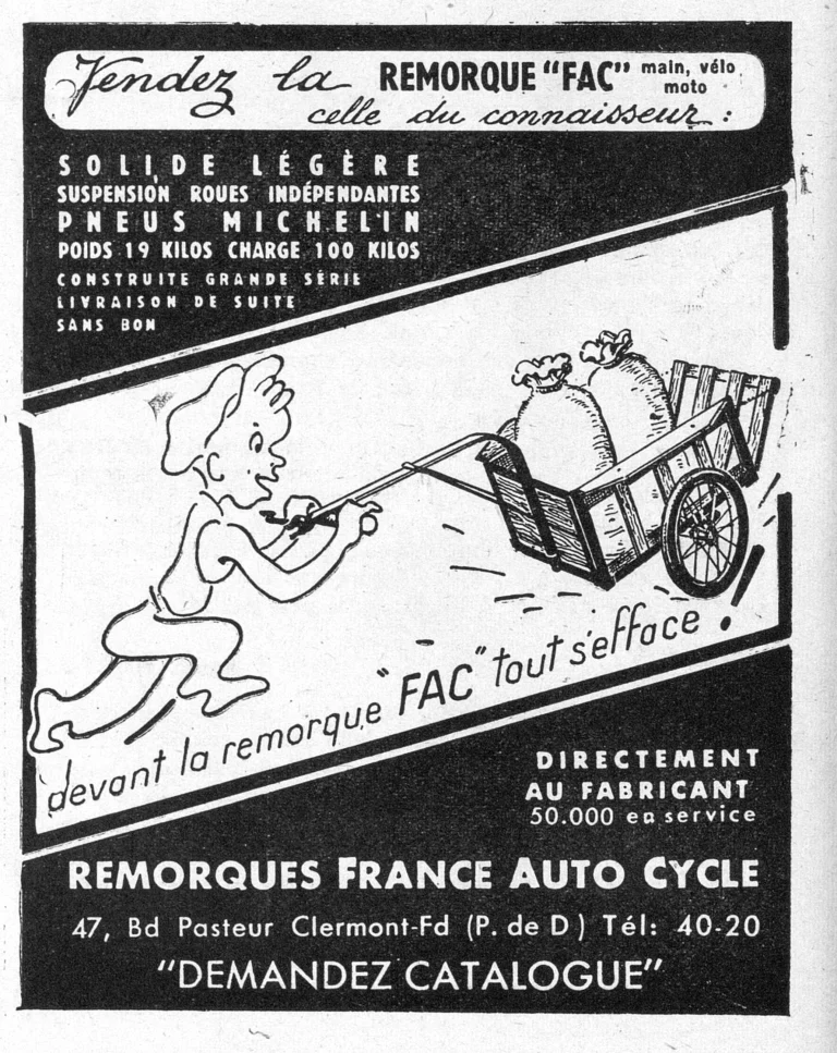 FAC 1950 Advertisement — The FAC Trailer for Hand, Bicycle or Motorcycle — page 1 of 1