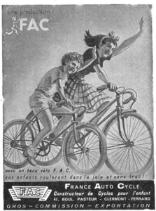 FAC advertisement from L'Officiel du cycle, 21 October 1950, page 43: a full-page advertisement printed as one gray halftone panel, apparently a retouched photograph.