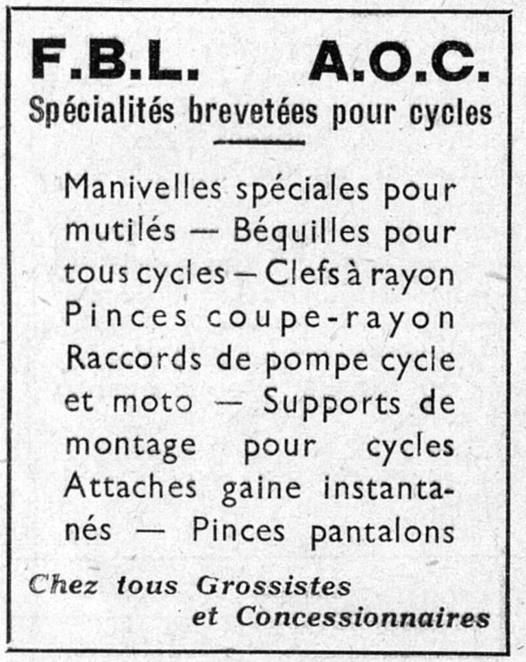 F.B.L. 1950 Advertisement — F.B.L. and A.O.C. Patented Specialties for Cycles — page 1 of 1