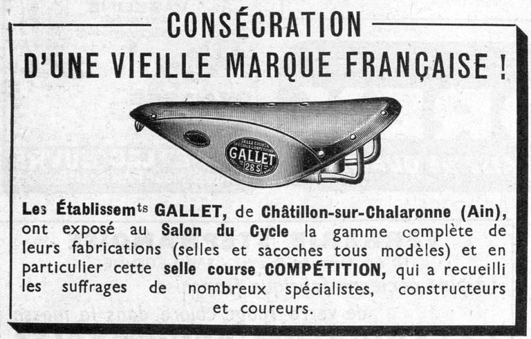 Gallet 1950 Advertisement — Consecration of an Old French Make: the Compétition Saddle — page 1 of 1