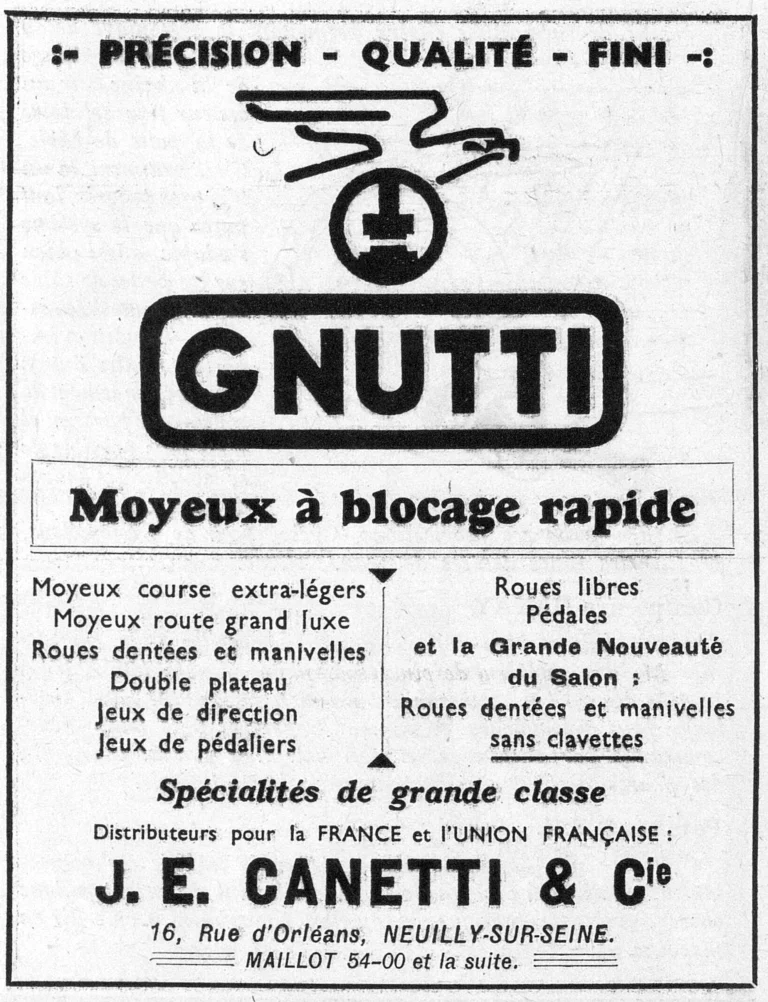 Gnutti 1950 Advertisement — Quick-Release Hubs and Specialties, from Canetti — page 1 of 1