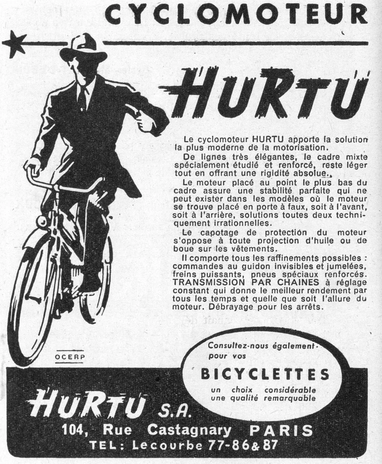 Hurtu 1950 Advertisement — The Hurtu Cyclomoteur, and Bicycles Too — page 1 of 1