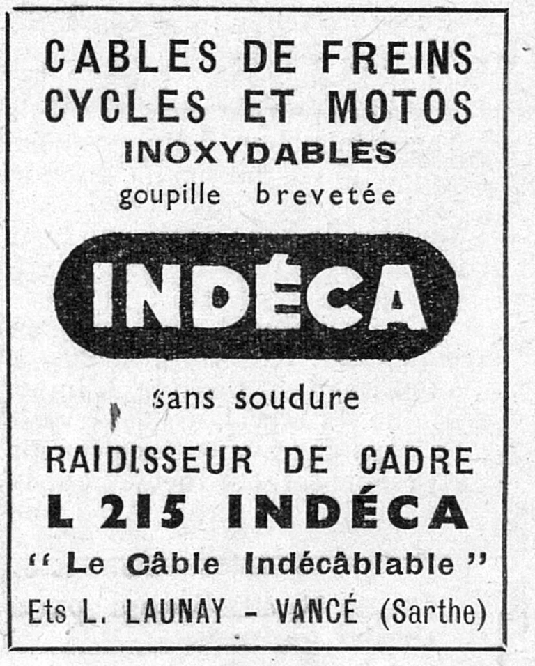 Indéca 1950 Advertisement — Stainless Brake Cables and the L 215 Frame Stiffener — page 1 of 1