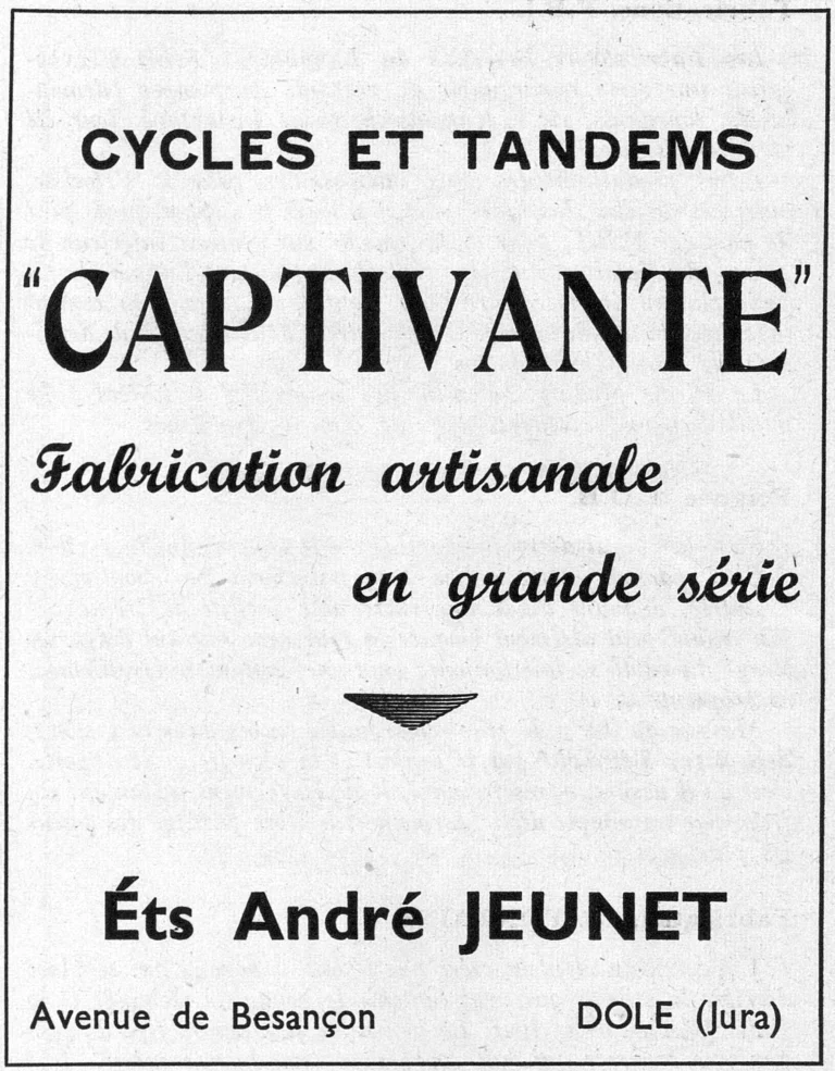 Jeunet 1950 Advertisement — Captivante Cycles and Tandems — page 1 of 1