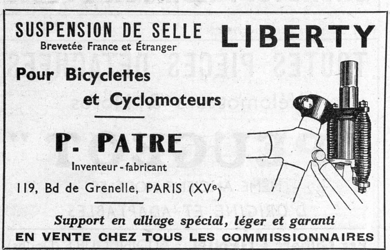 Liberty 1950 Advertisement — A Saddle Suspension for Bicycles and Cyclomoteurs — page 1 of 1