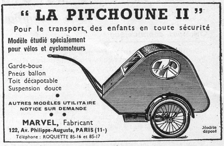 Marvel 1950 Advertisement — La Pitchoune II, a Child Trailer for Bicycles and Cyclomoteurs — page 1 of 1