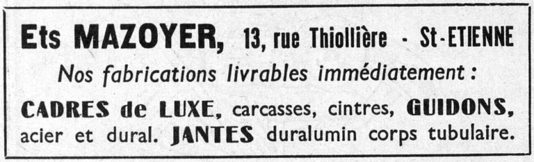 Mazoyer 1950 Advertisement — Luxury Frames, Handlebars and Duralumin Rims — page 1 of 1