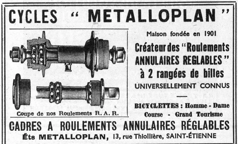 Metalloplan 1950 Advertisement — Cycles and Adjustable Annular Bearings — page 1 of 1