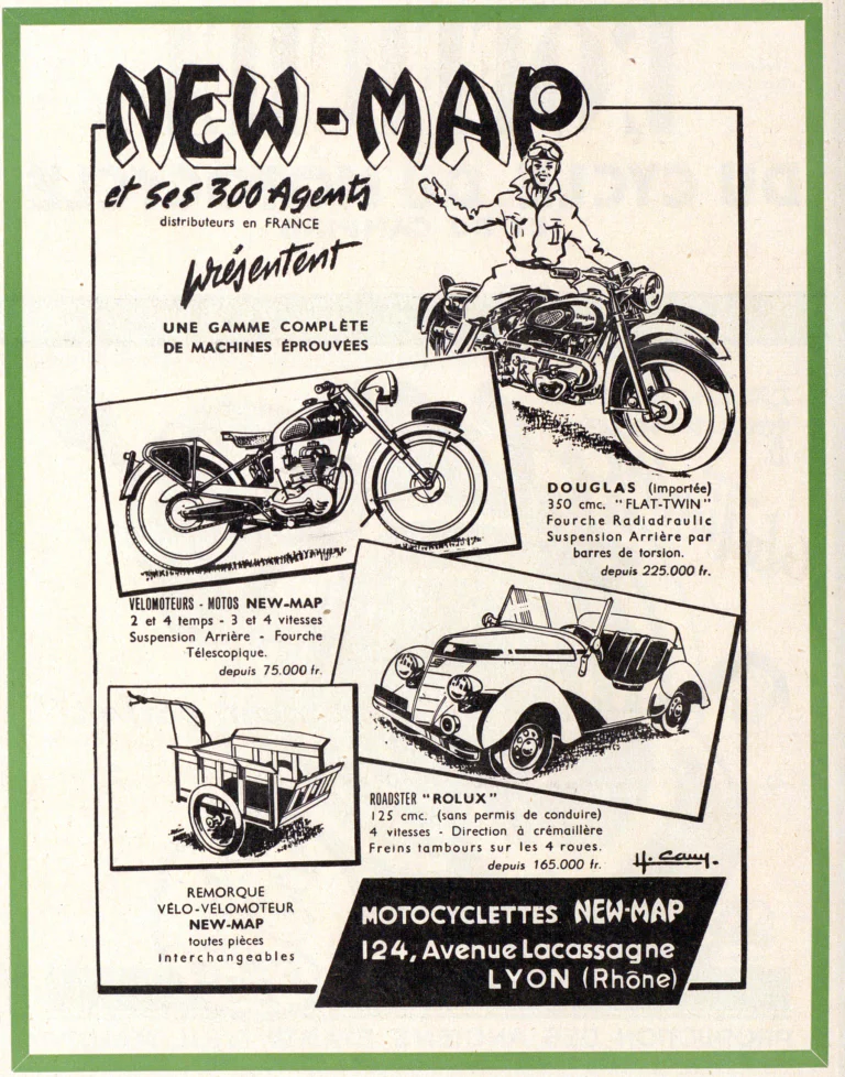 New-Map 1950 Advertisement — New-Map and Its 300 Agents: Motorcycles, the Rolux Roadster and a Bicycle Trailer — page 1 of 1