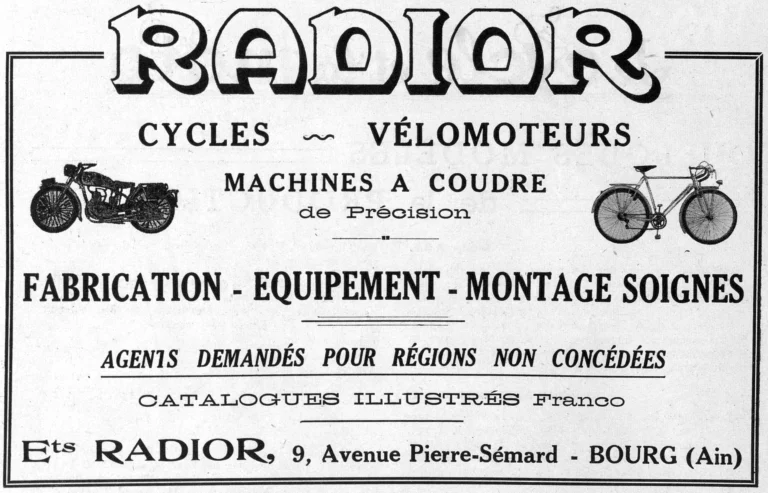 Radior 1950 Advertisement — Cycles, Vélomoteurs and Sewing Machines from Bourg — page 1 of 1