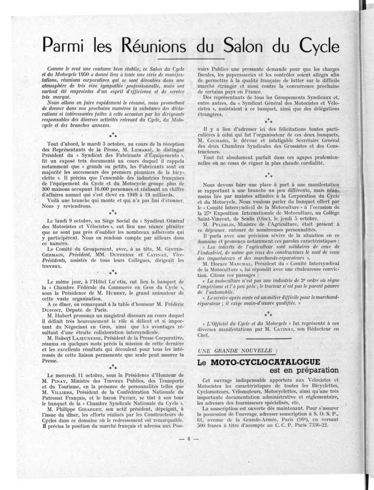Parmi les réunions du Salon du Cycle — L'Officiel du cycle, 21 October 1950, the Trade's Salon Meetings and Banquets — page 1 of 1