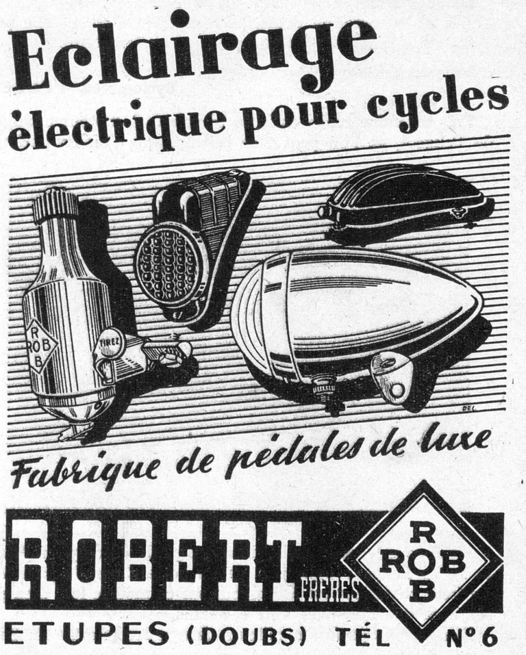 Robert Frères 1950 Advertisement — ROB Electric Lighting for Cycles and Luxury Pedals — page 1 of 1