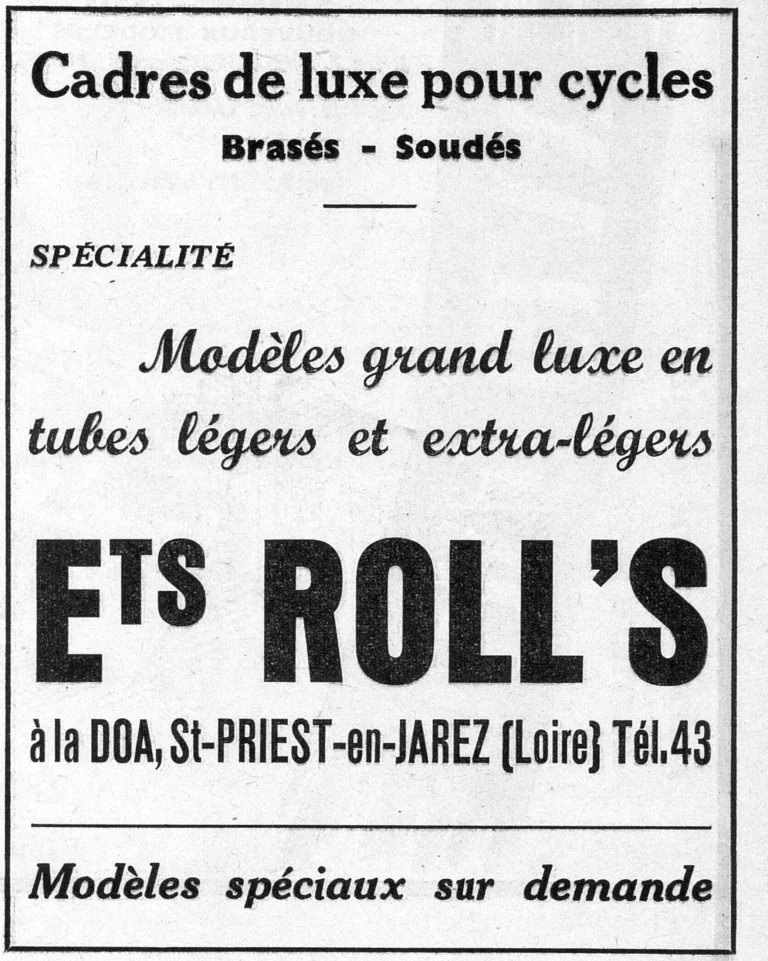 Roll's 1950 Advertisement — Luxury Frames for Cycles, Brazed and Welded — page 1 of 1