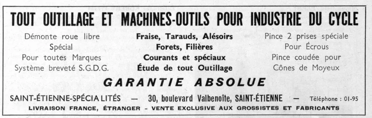 Saint-Étienne-Spécialités 1950 Advertisement — Tools and Machine Tools for the Cycle Industry — page 1 of 1