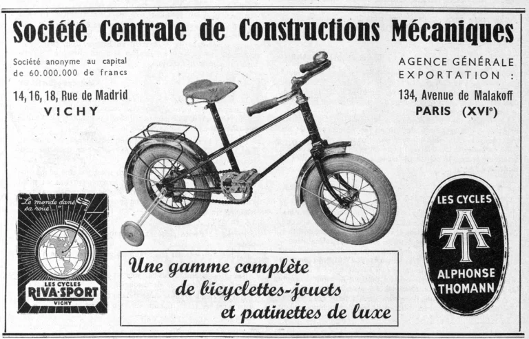 S.C.C.M. 1950 Advertisement — Riva-Sport and Alphonse Thomann: Toy Bicycles and Luxury Scooters — page 1 of 1